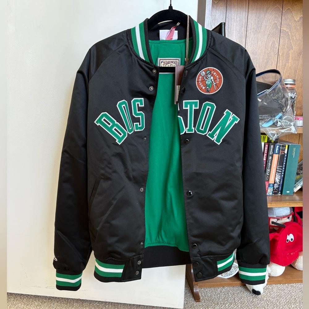 Boston Satin Varsity Jacket with Green Trim